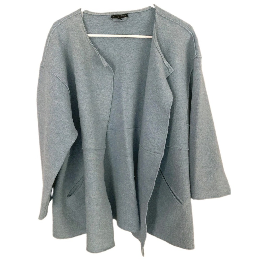 Eileen Fisher Jacket Women 1X Blue 100% Wool Open Front 3/4 Sleeve Pockets EUC